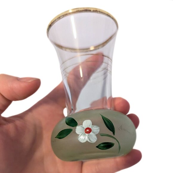 Vintage Barlett Collins MCM Small Hand Painted Vase Gold Rim Frosted Glass - Picture 7 of 10